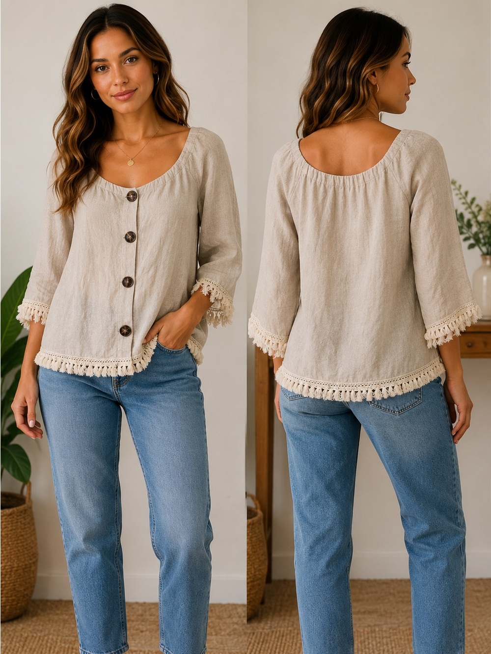 Fourteen & 9th Boho Fringe Top in Beige